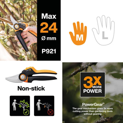 Fiskars X-series PowerGear Bypass-Gartenschere 20,1cm M P921 mit ergonomischem Rollgriff, Antihaft-Edelstahlklingen, für frische Äste, Zweige, Gartenschere 220 g, Schnittstärke 2,4 cm, Schwarz/Orange