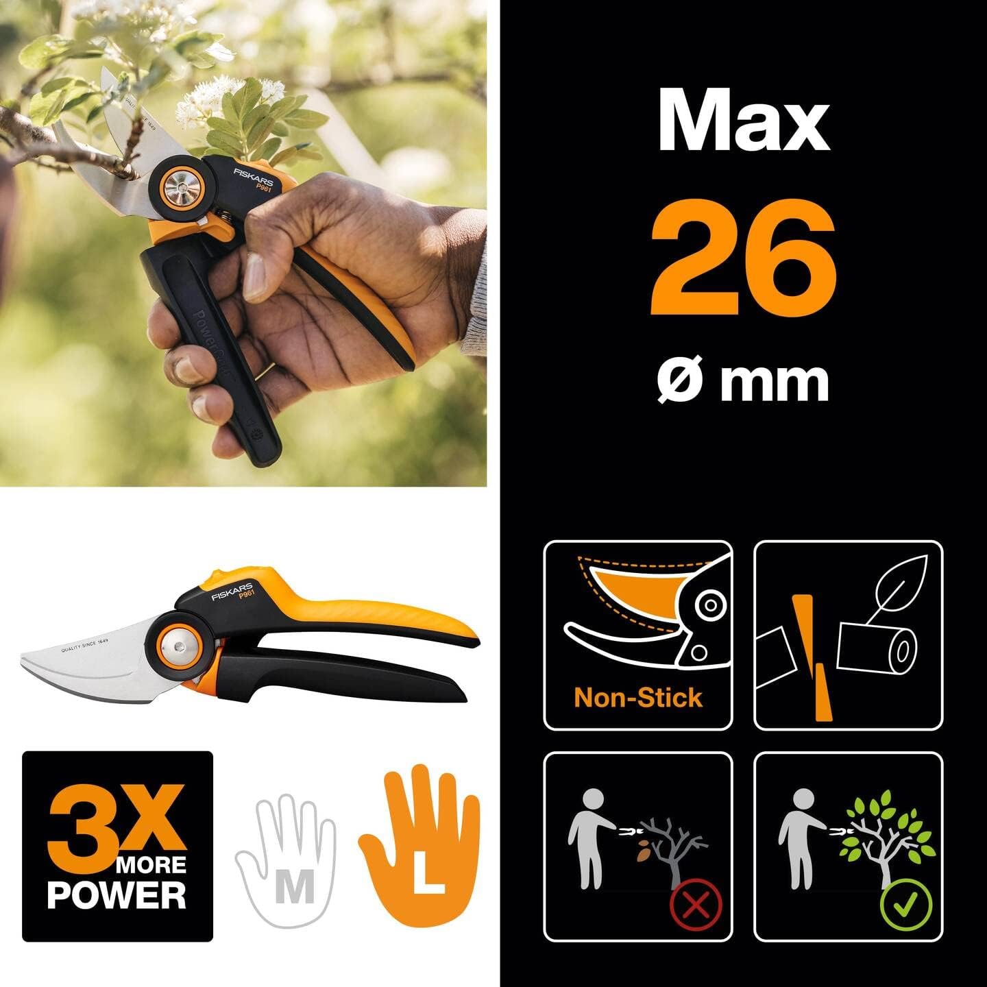 Fiskars X-series PowerGear Bypass-Gartenschere 22,2cm P961 mit ergonomischem Rollgriff, Edelstahl-Antihaftklingen, 2,6 cm Schnittdurchmesser, für frische Äste, robuste Gartenschere 222 g, Schwarz/Orange