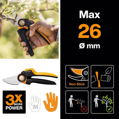 Fiskars X-series PowerGear Bypass-Gartenschere 22,2cm P961 mit ergonomischem Rollgriff, Edelstahl-Antihaftklingen, 2,6 cm Schnittdurchmesser, für frische Äste, robuste Gartenschere 222 g, Schwarz/Orange