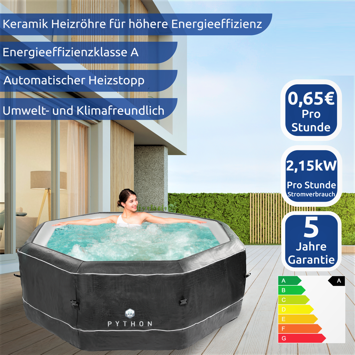 JUNG Python Spa Whirlpool, Ø 185cm, Selbstaufblasend, Heizung, 5 Personen, Außen & Innen, Krokodiloptik, Mobiler Whirlpool, 850L, Leise, Energieeffizient, Externe Motoreinheit, Komfort