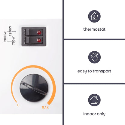 Perel Konvektor Heizung, Elektroheizung 2000 W, mobile Konvektorheizung, Heizgerät mit 3 Heizstufen und Raumthermostat, energieeffizient, Überhitzungsschutz, für Innenräume bis 60 m³, Weiß