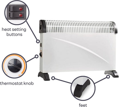 Perel Konvektor Heizung, Elektroheizung 2000 W, mobile Konvektorheizung, Heizgerät mit 3 Heizstufen und Raumthermostat, energieeffizient, Überhitzungsschutz, für Innenräume bis 60 m³, Weiß