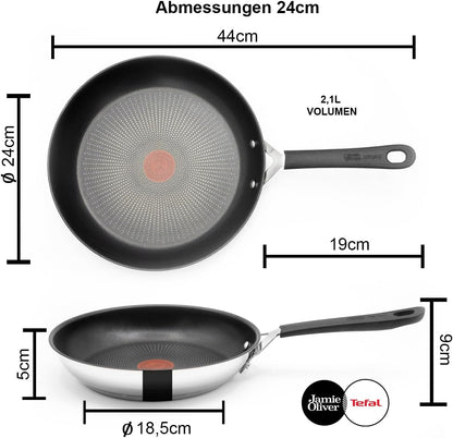 Tefal E30 Jamie Oliver Bratpfanne 24 cm, Edelstahl, Antihaftbeschichtet, Induktionsgeeignet, Thermo-Signal-Technologie, Backofenfest, Edelstahlpfanne für alle Herdarten