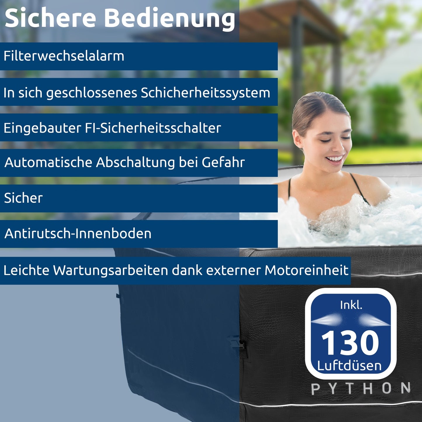 JUNG Python Spa Whirlpool, Ø 185cm, Selbstaufblasend, Heizung, 5 Personen, Außen & Innen, Krokodiloptik, Mobiler Whirlpool, 850L, Leise, Energieeffizient, Externe Motoreinheit, Komfort