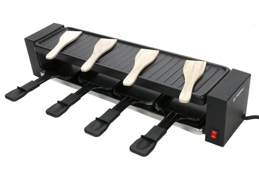 JUNG ALPINA ED-223292 Raclette-Grill Steingrill 4 Personen, 800W Partygrill für Fleisch, Fisch, Gemüse, Antihaftbeschichtete Grillplatte, Verstellbarer Thermostat