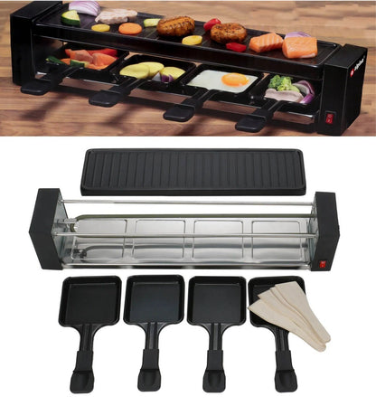 JUNG ALPINA ED-223292 Raclette-Grill Steingrill 4 Personen, 800W Partygrill für Fleisch, Fisch, Gemüse, Antihaftbeschichtete Grillplatte, Verstellbarer Thermostat