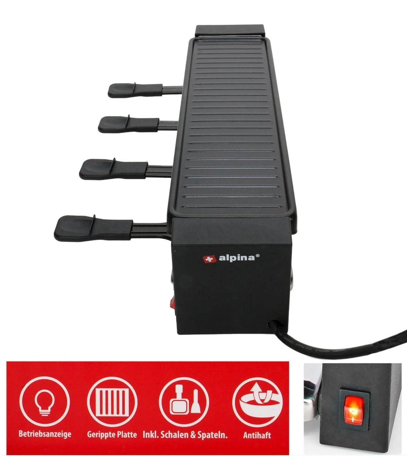 JUNG ALPINA ED-223292 Raclette-Grill Steingrill 4 Personen, 800W Partygrill für Fleisch, Fisch, Gemüse, Antihaftbeschichtete Grillplatte, Verstellbarer Thermostat