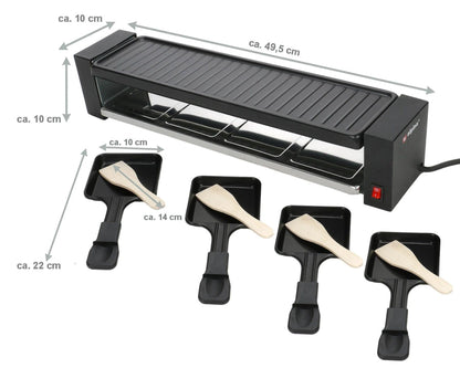 JUNG ALPINA ED-223292 Raclette-Grill Steingrill 4 Personen, 800W Partygrill für Fleisch, Fisch, Gemüse, Antihaftbeschichtete Grillplatte, Verstellbarer Thermostat