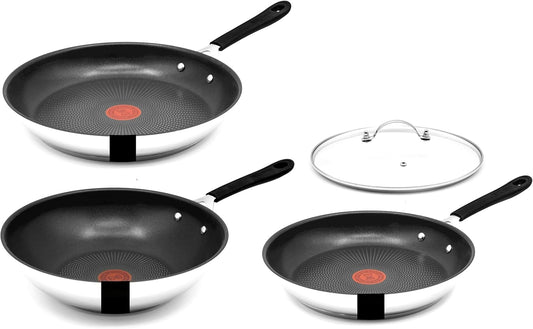Tefal E30 Jamie Oliver Edelstahl Pfannenset 28 cm + 24 cm + Wok 28 cm, Antihaftbeschichtet, Induktionsfähig, Thermo-Signal, Backofenfest bis 175°C, Hitzebeständig bis 260°C, Genieteter Edelstahlgriff mit Silikon
