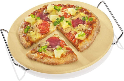 Berndes 502028 Pizzastein Cordierit 33 cm mit Chromgestell, hitzebeständig bis 350 °C, ideal für Pizza, Flammkuchen, Brot und Kuchen, geeignet für Backofen, Holzkohle- und Gasgrill, langlebig und einfach zu reinigen