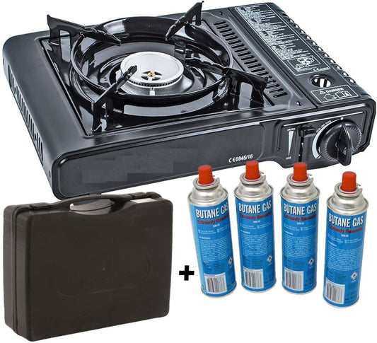 Mustang Mobiler Gaskocher mit Grillaufsatz – Tragbarer Campingkocher mit 2,2 kW Leistung, Piezozündung, Sicherheitsverriegelung und 1 Kochplatte, inkl. 4 Gaskartuschen & Transportkoffer