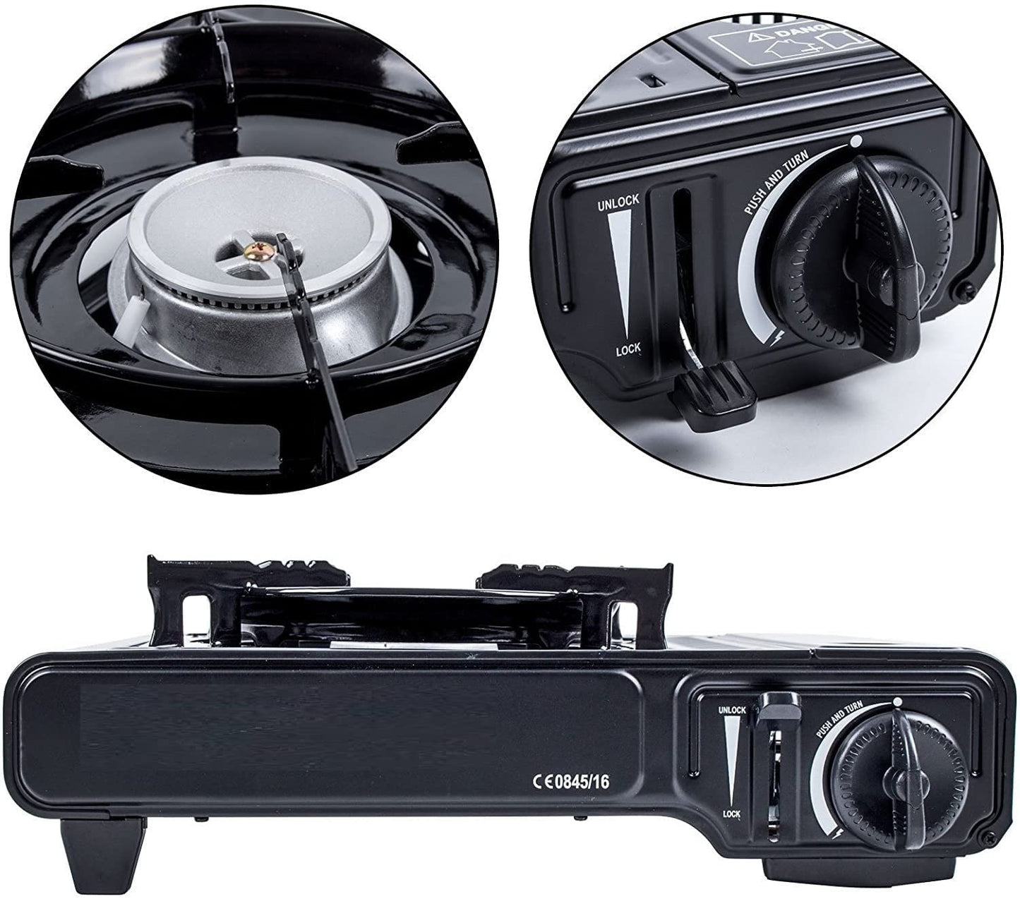 Mustang Mobiler Gaskocher mit Grillaufsatz – Tragbarer Campingkocher mit 2,2 kW Leistung, Piezozündung, Sicherheitsverriegelung und 1 Kochplatte, inkl. 4 Gaskartuschen & Transportkoffer