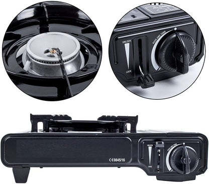 Mustang Mobiler Gaskocher mit Grillaufsatz – Tragbarer Campingkocher mit 2,2 kW Leistung, Piezozündung, Sicherheitsverriegelung und 1 Kochplatte, inkl. 4 Gaskartuschen & Transportkoffer