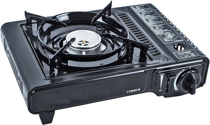 JUNG Camping Gaskocher 1-flammig mit 4 Gaskartuschen, Mobiler Gas-Kocher mit Piezozündung, Tragbarer Outdoor Gaskocher für Camping, Reisen, Trekking, Picknick mit Kunststoff-Tragekoffer