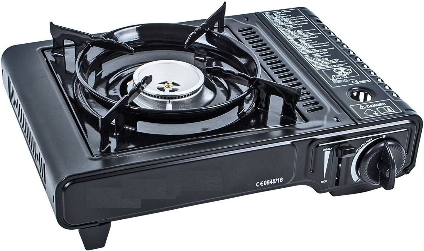 JUNG Mobiler Gaskocher Campingkocher Set mit 8 Butan-Gaskartuschen, Elektronische Piezozündung, Tragbarer Gas-Kocher mit Kunststoffkoffer – 1-flammig, autark, kompakt, für Outdoor & Camping