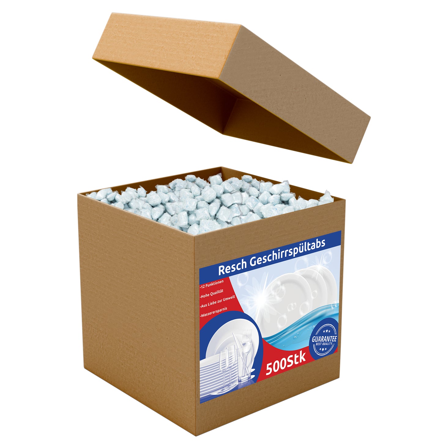 RESCH CLEANIX Spülmaschinentabs 500 Stück 12-in-1 20g, Phosphatfrei, Schnellauflösende Tabs für perfekte Reinigung, Glanz, Kalkschutz, Fettlösers – 10 kg Packung, Umweltfreundliche Verpackung