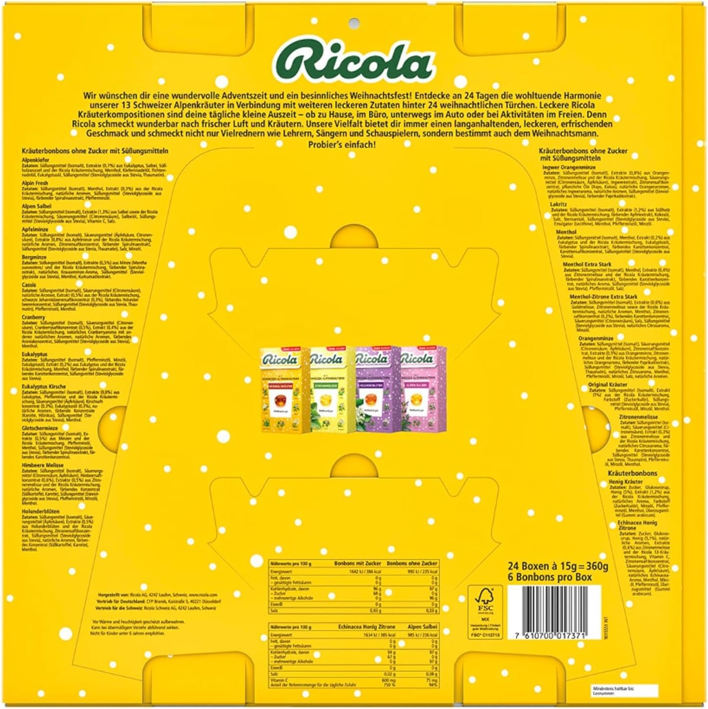 Ricola Adventskalender 2024 – Kräuterbonbons aus der Schweiz, 360g, 24 Türchen, exklusiver Mix aus 22 Sorten, zuckerfrei, glutenfrei, laktosefrei, Adventskalender für Hals und Stimme