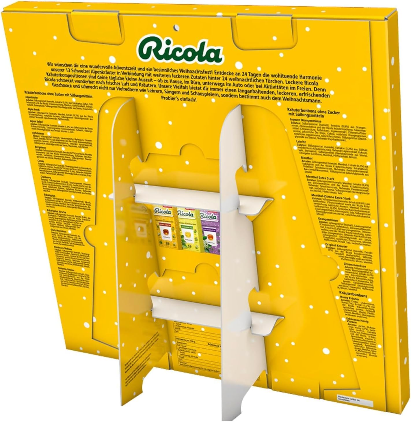 Ricola Adventskalender 2024 – Kräuterbonbons aus der Schweiz, 360g, 24 Türchen, exklusiver Mix aus 22 Sorten, zuckerfrei, glutenfrei, laktosefrei, Adventskalender für Hals und Stimme