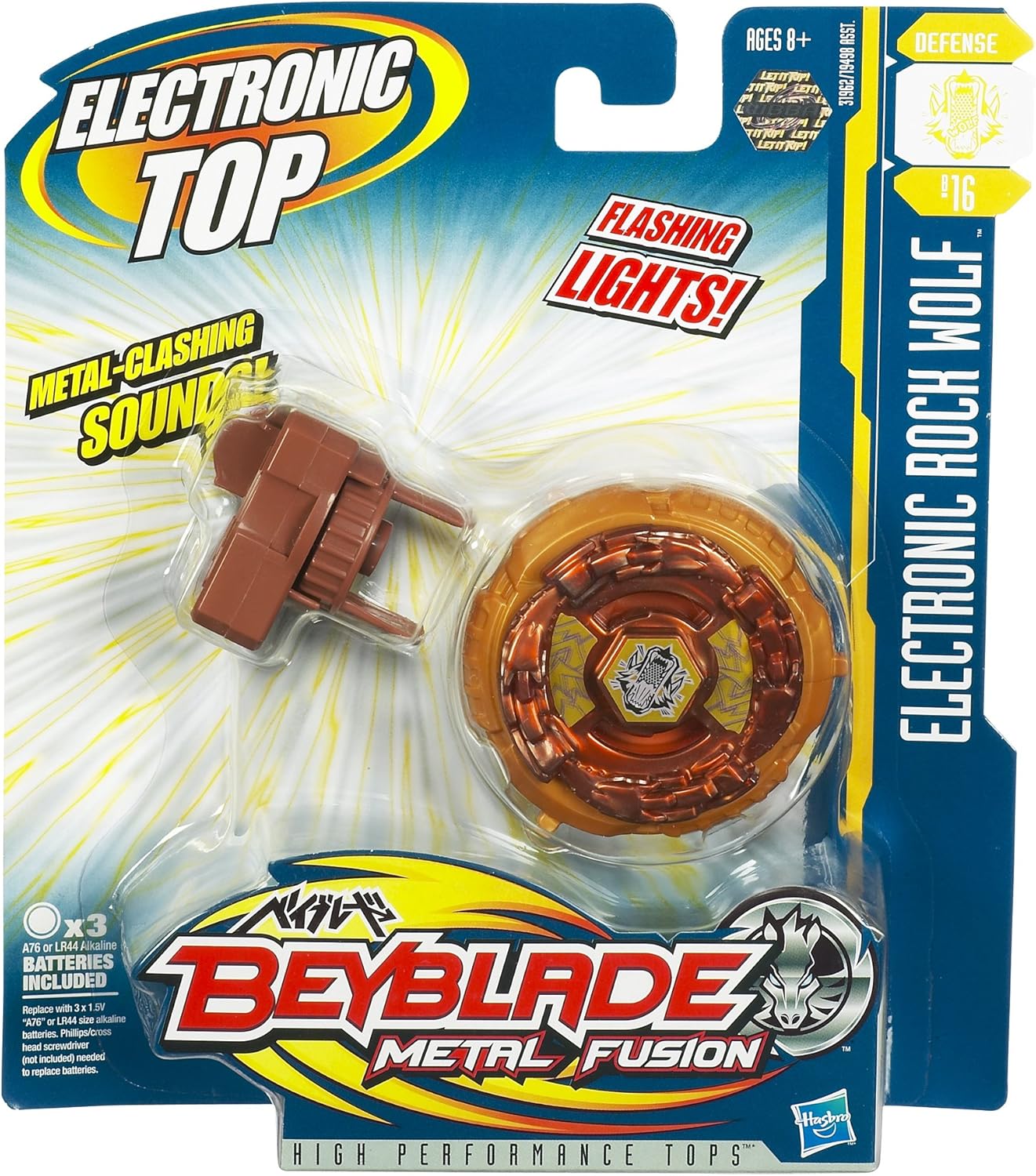 Hasbro Beyblade Metall Fusion Kreisel Rock Wolf Elektronisch mit Licht & Sound – Action-Kampftop mit Launcher & Reißleine Modell 31962 B16