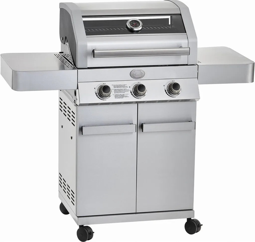 RÖSLE Gasgrill G3 Edelstahl Gasgrill BBQ-Station mit 3 Hauptbrennern, Gusseisenrost, Glaseinsatz im Deckel, Grillstation für Garten Balkon Terrasse, Gasgrill mit Stauraum und Zubehör