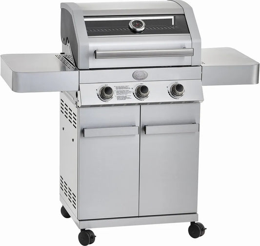 RÖSLE Gasgrill G3 Edelstahl Gasgrill BBQ-Station mit 3 Hauptbrennern, Gusseisenrost, Glaseinsatz im Deckel, Grillstation für Garten Balkon Terrasse, Gasgrill mit Stauraum und Zubehör