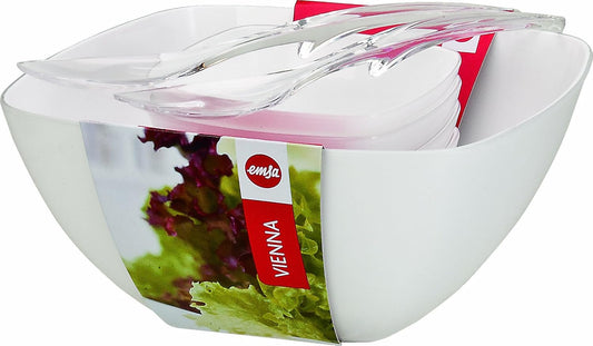 Emsa 512766 Vienna Salatschalen-Set 6-teilig | Kunststoff Salatschale weiß | 4,6 L & 0,6 L | Spülmaschinenfeste eckige Servierschale mit Salatbesteck | Robust stapelbar für Alltag & Tisch