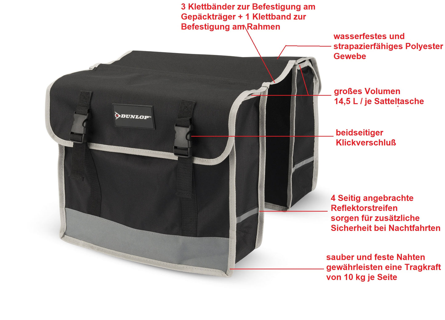 Dunlop FGT19 Doppel-Fahrradtasche Gepäckträgertasche, stabile Satteltasche für Fahrräder, wasserfestes Polyester-Gewebe, 29 Liter Volumen, Gepäckträger-Tasche für Damen und Herren, strapazierfähig, mit Reflektoren