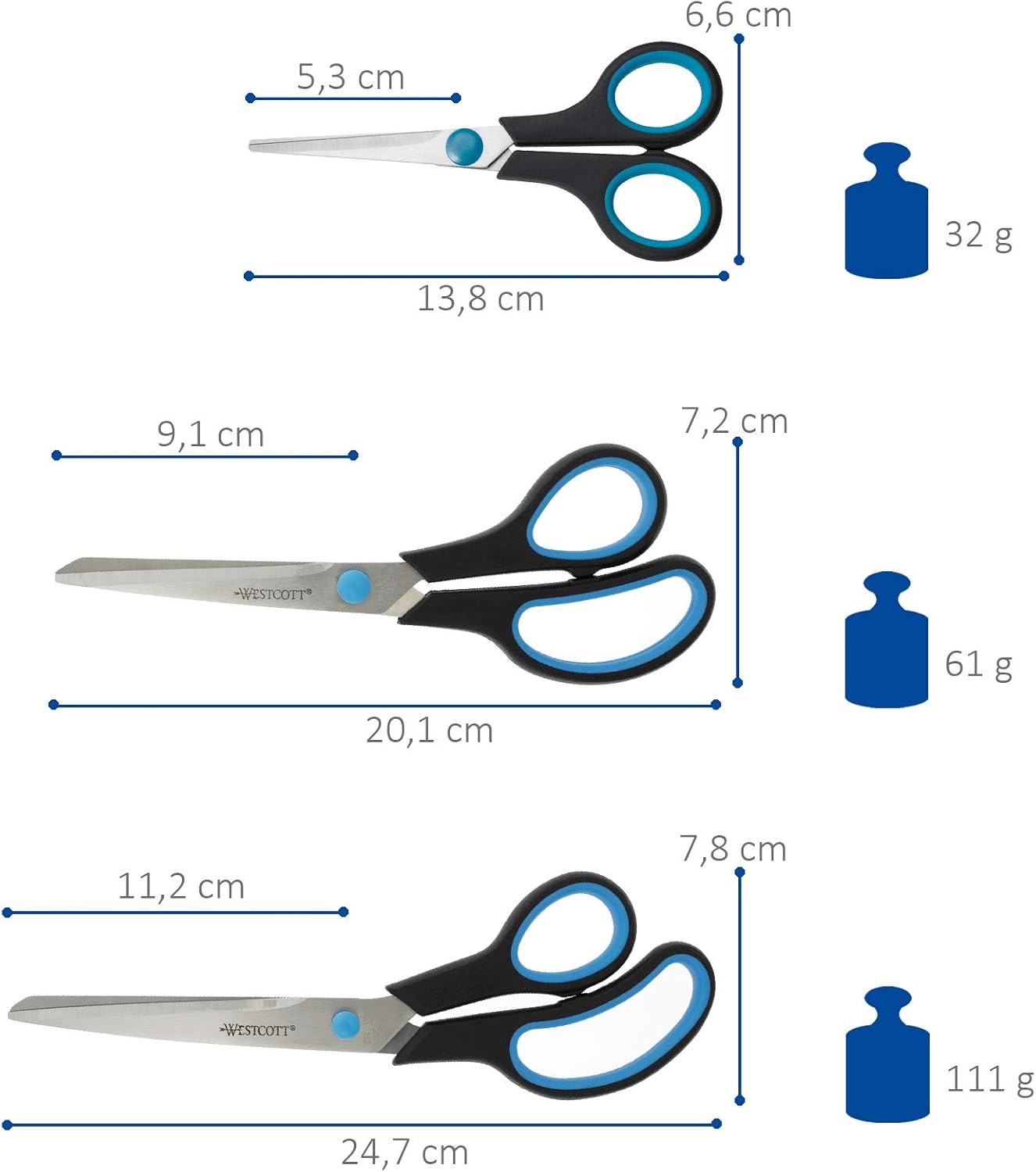 Westcott Easy Grip Scheren Set 3-teilig | Universalscheren mit Edelstahlklingen & Softgriff | Haushaltsscheren, Büroscheren, Bastelscheren, Küchenscheren für vielseitige Schneidarbeiten