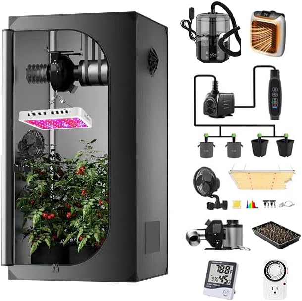 JUNG Supergrower LED Growbox Komplettset 81.3x81.3x160 cm 600W – Indoor-Gewächshaus mit Grow-Zelt, Belüftungssystem, Bewässerung, Aktivkohlefilter, LED-Pflanzenlampe, Töpfen und Zubehör für Pflanzenzucht