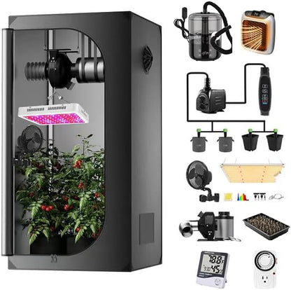 JUNG Supergrower LED Growbox Komplettset 81.3x81.3x160 cm 600W – Indoor-Gewächshaus mit Grow-Zelt, Belüftungssystem, Bewässerung, Aktivkohlefilter, LED-Pflanzenlampe, Töpfen und Zubehör für Pflanzenzucht