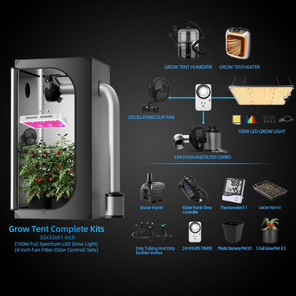 JUNG Supergrower LED Growbox Komplettset 81.3x81.3x160 cm 600W – Indoor-Gewächshaus mit Grow-Zelt, Belüftungssystem, Bewässerung, Aktivkohlefilter, LED-Pflanzenlampe, Töpfen und Zubehör für Pflanzenzucht