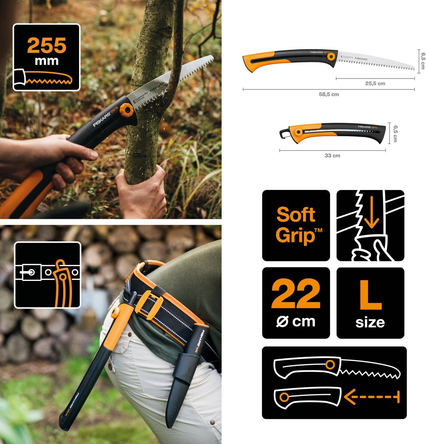 Fiskars Xtract Große Handsäge 25,5cm SW75 mit einziehbarem Sägeblatt, Grobzahnung, ergonomischem SoftGrip-Griff, rostfreier Stahl, ideal zum Schneiden von frischem Holz und Ästen, Gewicht: 230 g
