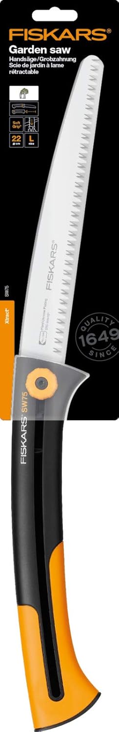 Fiskars Xtract Große Handsäge 25,5cm SW75 mit einziehbarem Sägeblatt, Grobzahnung, ergonomischem SoftGrip-Griff, rostfreier Stahl, ideal zum Schneiden von frischem Holz und Ästen, Gewicht: 230 g