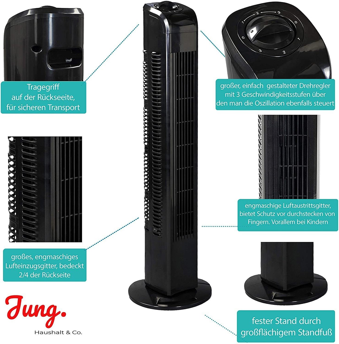 Commodoor TV02 Turmventilator 76cm, Schwarz – Leiser Säulenventilator mit 3 Geschwindigkeitsstufen, 75° Oszillation, Energieeffizienzklasse A+, Ideal für Räume bis 50 m², Geräuscharmer Betrieb und modernes Design