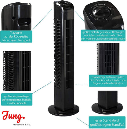 Commodoor TV02 Turmventilator 76cm, Schwarz – Leiser Säulenventilator mit 3 Geschwindigkeitsstufen, 75° Oszillation, Energieeffizienzklasse A+, Ideal für Räume bis 50 m², Geräuscharmer Betrieb und modernes Design