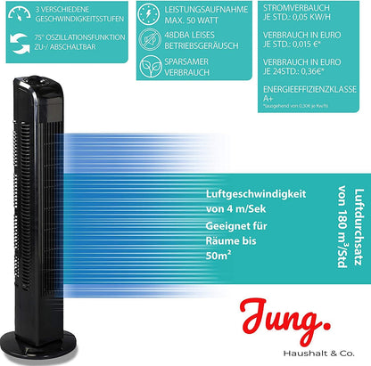 Commodoor TV02 Turmventilator 76cm, Schwarz – Leiser Säulenventilator mit 3 Geschwindigkeitsstufen, 75° Oszillation, Energieeffizienzklasse A+, Ideal für Räume bis 50 m², Geräuscharmer Betrieb und modernes Design
