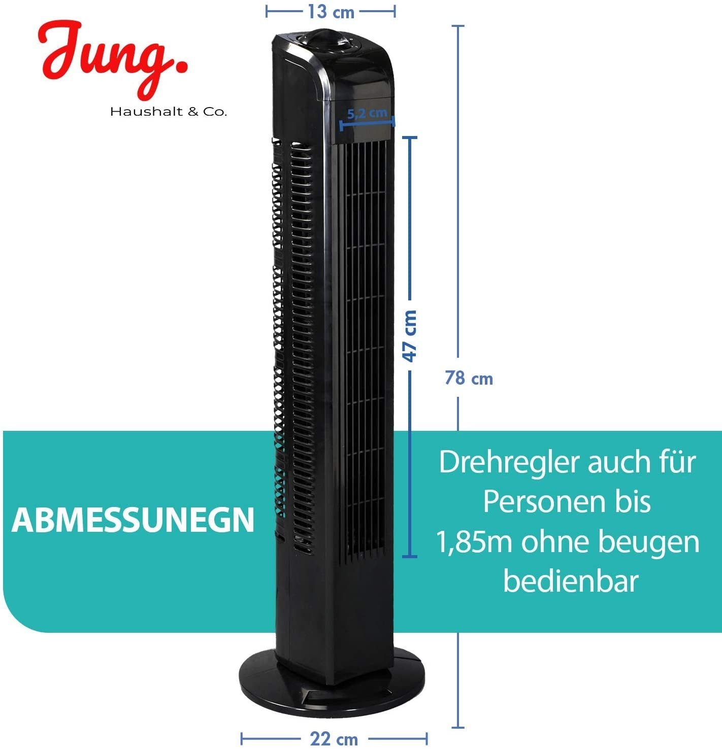 Commodoor TV02 Turmventilator 76cm, Schwarz – Leiser Säulenventilator mit 3 Geschwindigkeitsstufen, 75° Oszillation, Energieeffizienzklasse A+, Ideal für Räume bis 50 m², Geräuscharmer Betrieb und modernes Design