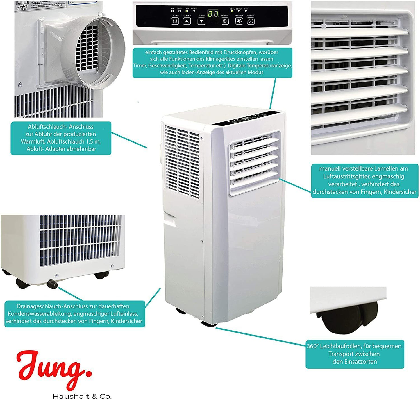 JUNG AIR TV05 Mobile Klimaanlage, 11.000 BTU, 3,2 kW, Kompressor, Fernbedienung, Entfeuchtung, Kühlmittel R290, 65 dB, mobile Klimaanlage, energieeffizient, 3-in-1, für Räume bis 100m³