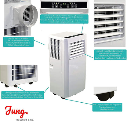 JUNG AIR TK05 Mobile Klimaanlage, 3,2 kW (11.000 BTU), für Räume bis 100m³, Fernbedienung, Entfeuchtungsfunktion, energieeffizient, leise 60dB, R290 Kältemittel, Abluftschlauch, 24h-Timer