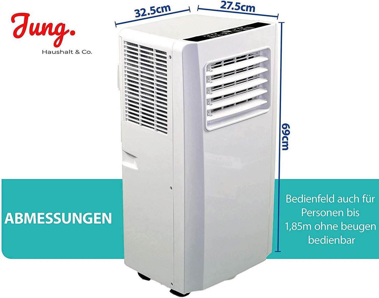 JUNG AIR TK05 Mobile Klimaanlage, 3,2 kW (11.000 BTU), für Räume bis 100m³, Fernbedienung, Entfeuchtungsfunktion, energieeffizient, leise 60dB, R290 Kältemittel, Abluftschlauch, 24h-Timer