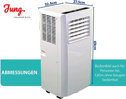 JUNG AIR TK05 Mobile Klimaanlage, 3,2 kW (11.000 BTU), für Räume bis 100m³, Fernbedienung, Entfeuchtungsfunktion, energieeffizient, leise 60dB, R290 Kältemittel, Abluftschlauch, 24h-Timer