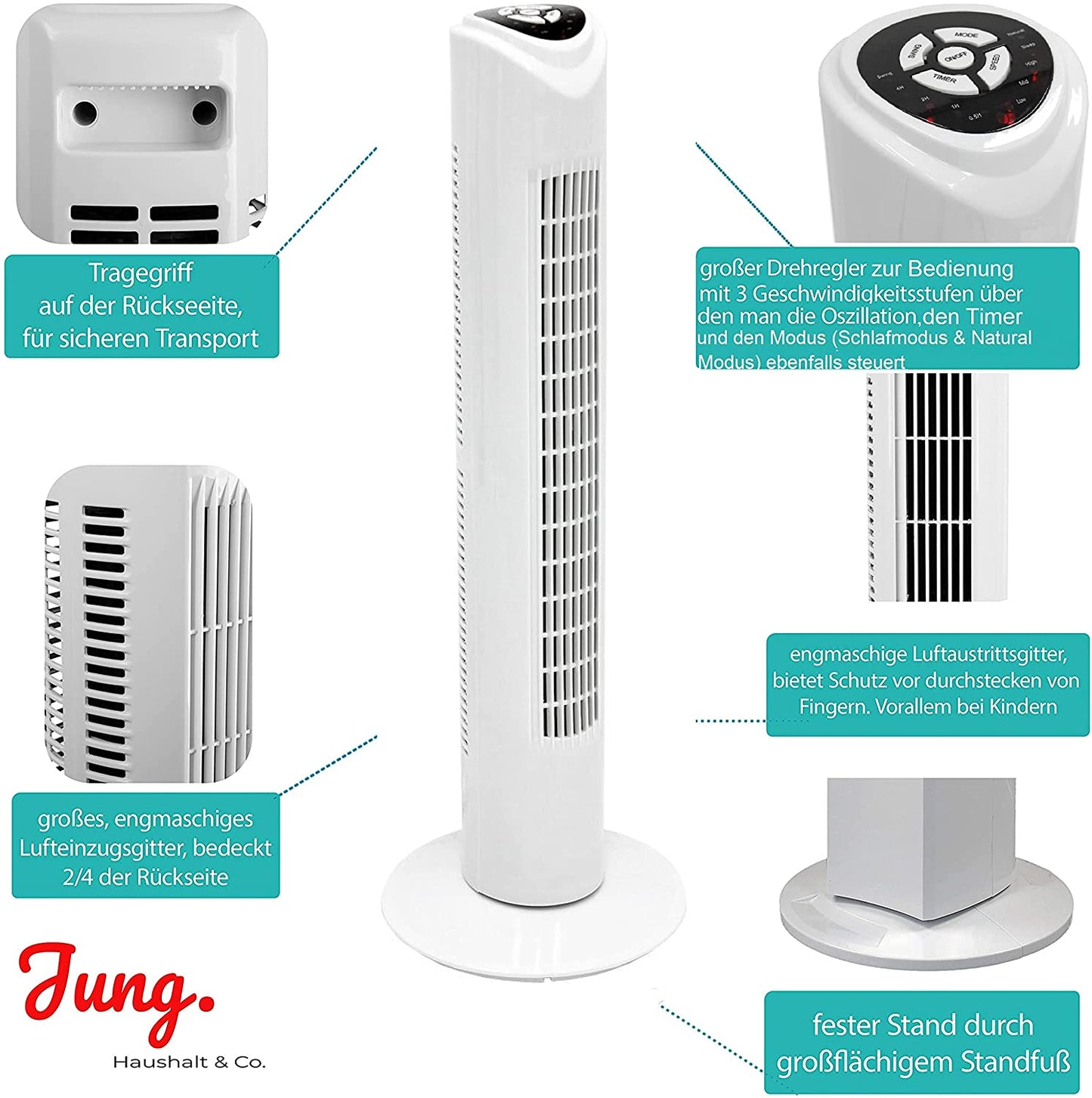 Commodoor TVE19 Turmventilator mit Fernbedienung, 45W, Standventilator 80cm, sehr leise, Schwenkfunktion, 3 Geschwindigkeitsstufen, Säulenventilator