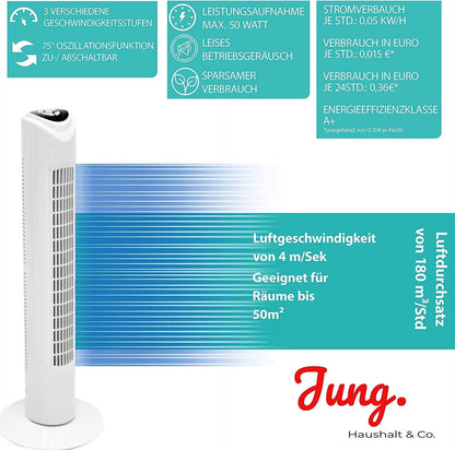Commodoor TVE19 Turmventilator mit Fernbedienung, 45W, Standventilator 80cm, sehr leise, Schwenkfunktion, 3 Geschwindigkeitsstufen, Säulenventilator