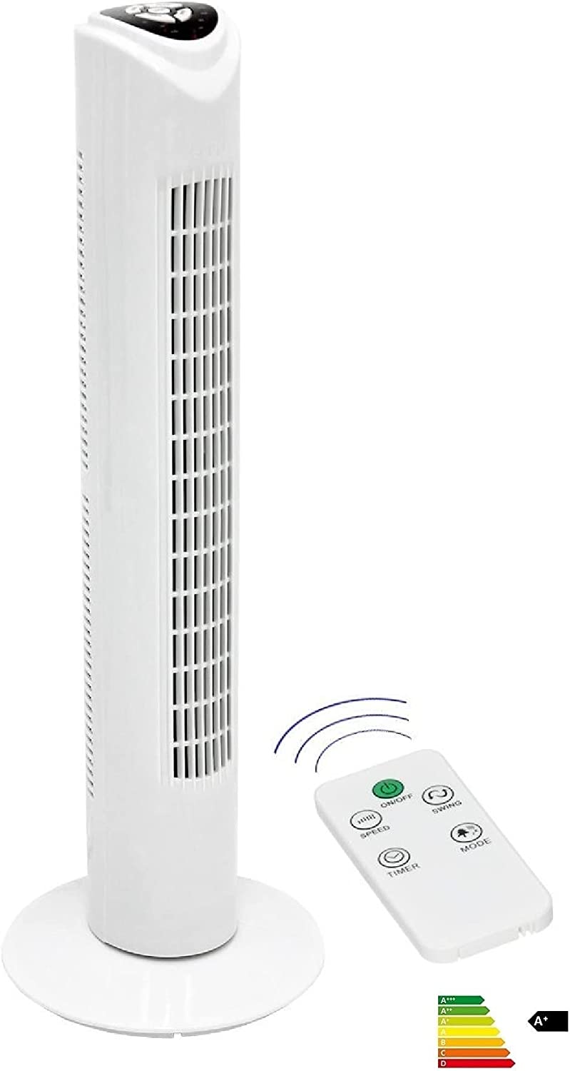 Commodoor TVE19 Turmventilator mit Fernbedienung, 45W, Standventilator 80cm, sehr leise, Schwenkfunktion, 3 Geschwindigkeitsstufen, Säulenventilator