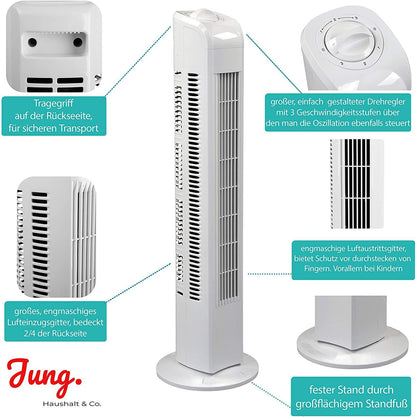 Commodoor TV01 Turmventilator mit Fernbedienung, 50W, Standventilator 76cm, sehr leise, Schwenkfunktion, 3 Geschwindigkeitsstufen, 75° Oszillation