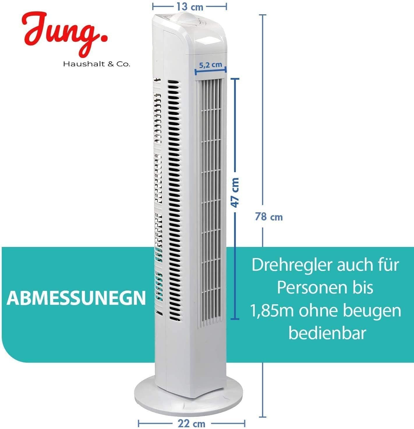 Commodoor TV01 Turmventilator mit Fernbedienung, 50W, Standventilator 76cm, sehr leise, Schwenkfunktion, 3 Geschwindigkeitsstufen, 75° Oszillation