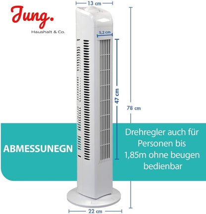 Commodoor TV01 Turmventilator mit Fernbedienung, 50W, Standventilator 76cm, sehr leise, Schwenkfunktion, 3 Geschwindigkeitsstufen, 75° Oszillation