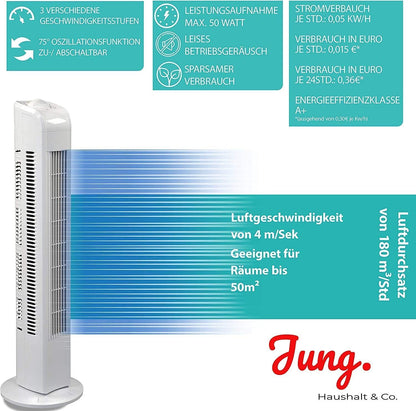 Commodoor TV01 Turmventilator mit Fernbedienung, 50W, Standventilator 76cm, sehr leise, Schwenkfunktion, 3 Geschwindigkeitsstufen, 75° Oszillation