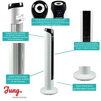 Commodoor TVE23 Turmventilator mit Fernbedienung, 50W, Standventilator 90cm, sehr leise, Schwenkfunktion, 3 Geschwindigkeitsstufen, 75° Oszillation