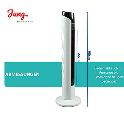 Commodoor TVE23 Turmventilator mit Fernbedienung, 50W, Standventilator 90cm, sehr leise, Schwenkfunktion, 3 Geschwindigkeitsstufen, 75° Oszillation